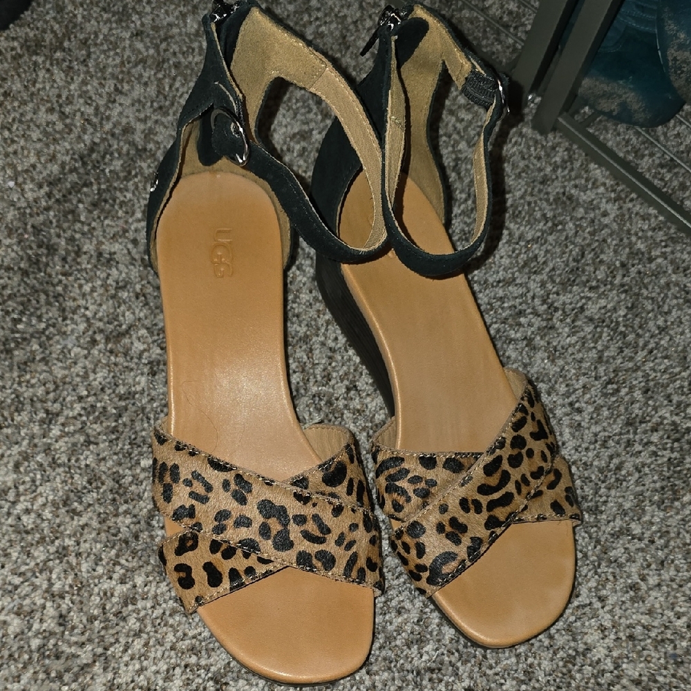 UGG Women's Black and Leopard Wedge Sandals